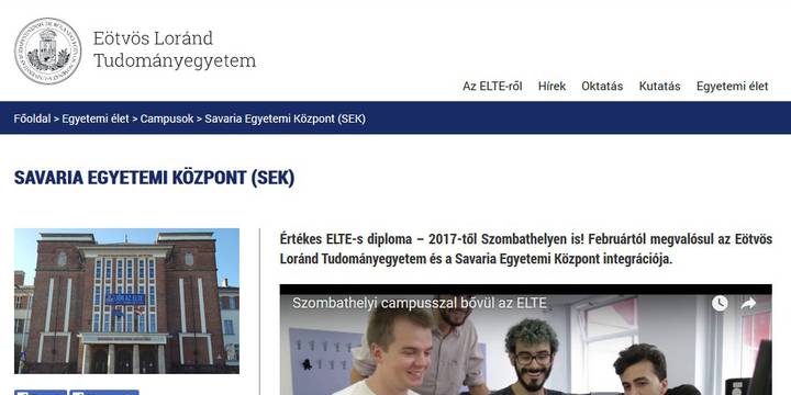 Az ELTE honlapjn a Campusok kztt mr elrhet a Savaria Egyetemi Kzpont