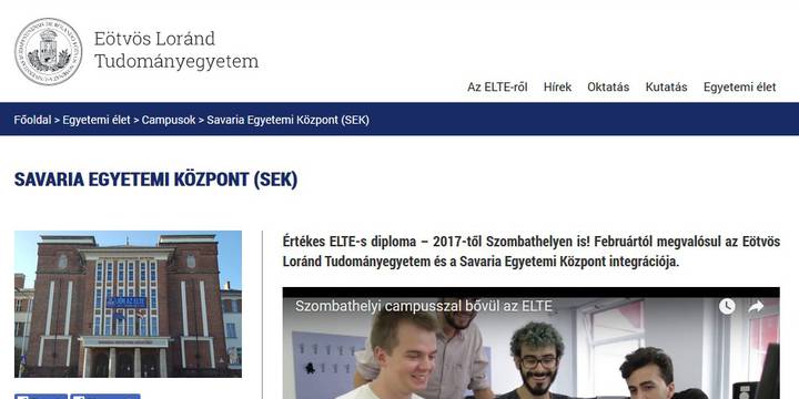 Az ELTE honlapjn a Campusok kztt mr elrhet a Savaria Egyetemi Kzpont